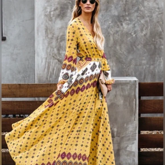 VICI yellow printed maxi dress, draped neckline,long sleeve, elastic waist NEW L VICI yellow printed maxi dress, draped neckline,long sleeve, elastic waist NEW L